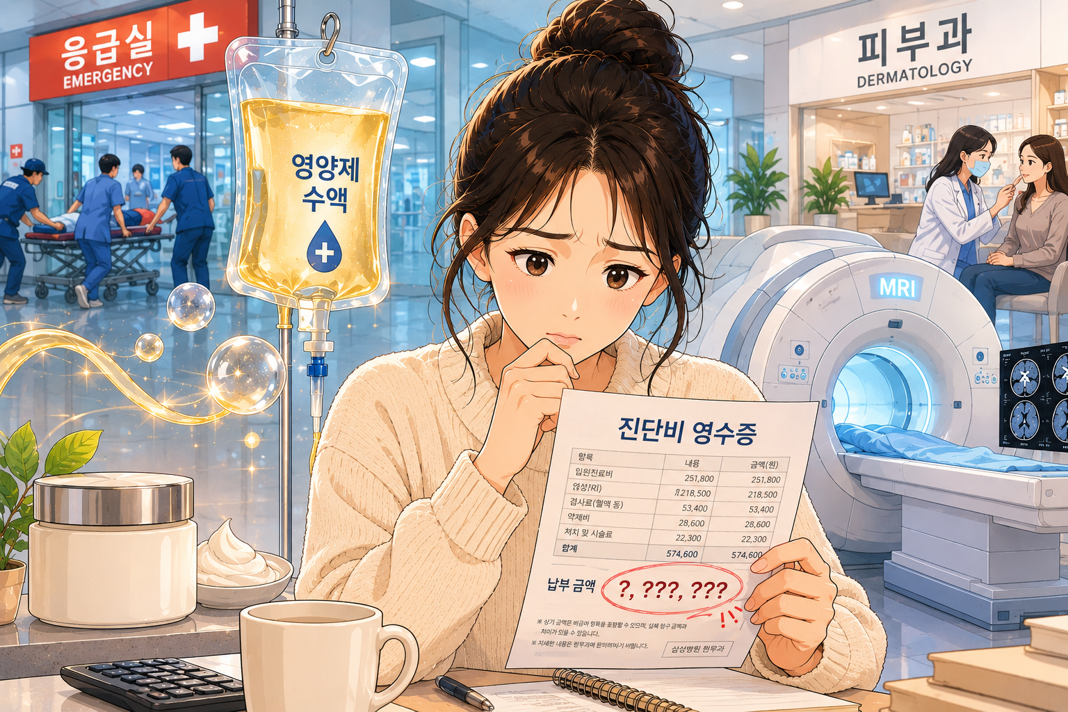 응급실, 영양제 수액, 피부과, MRI 장비를 배경으로 진단비 영수증을 살펴보는 여성 캐릭터