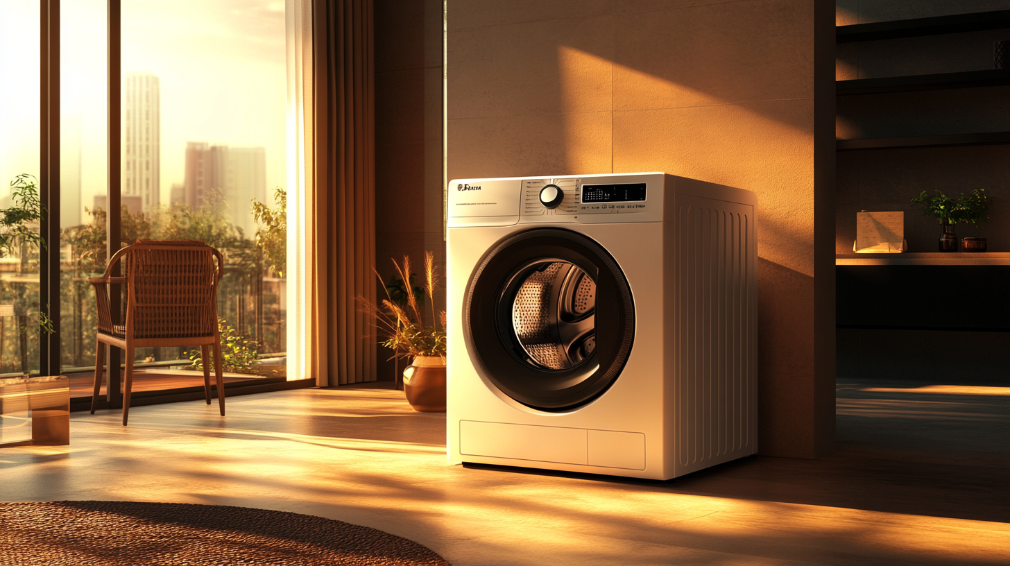 현대 가정의 일상 속에서 사용자 친화적인 디자인과 진보된 AI 기능을 통해 가사 노동을 줄이는 AI 세탁기의 모습을 보여주며, 따뜻한 자연광이 아늑한 분위기를 연출합니다.