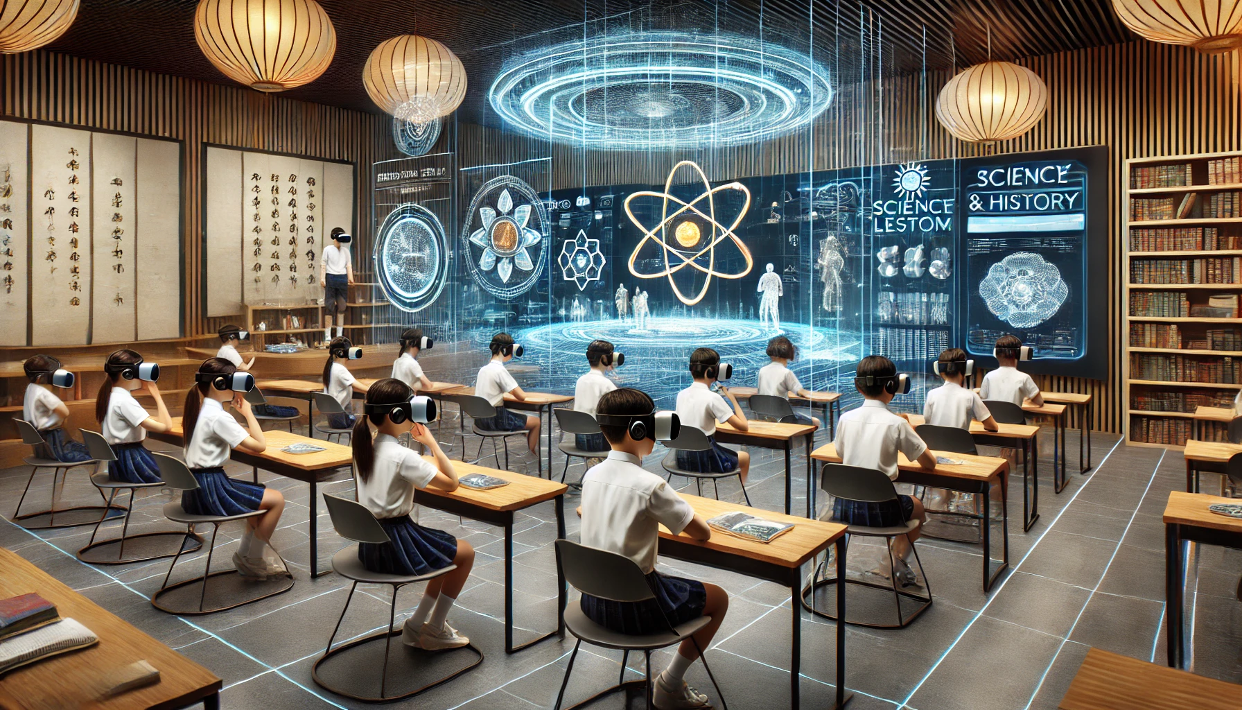 가상현실 수업을 체험하는 교육현장 장면