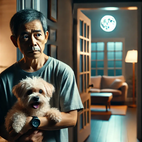 거실을 향해 짖는 반려견을 안고 복도에 서 있는 걱정스러운 표정의 동양인 중년 남성