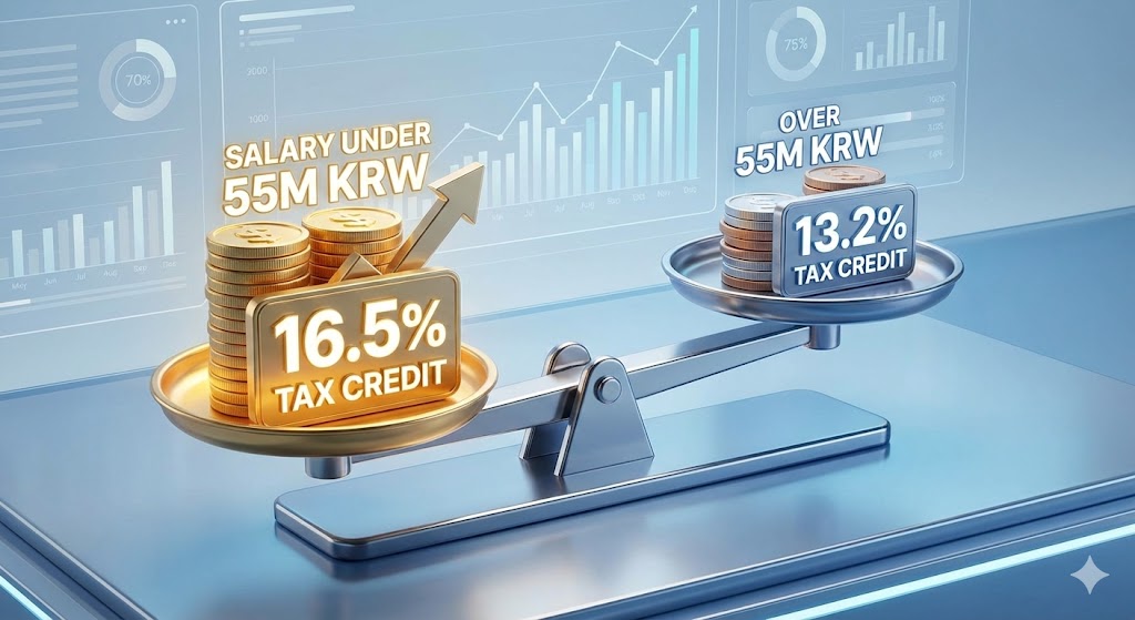 연봉 5,500만 원을 기준으로 나뉘는 공제율(16.5% VS 13.2%)과 환급액을 비교한 인포그래픽