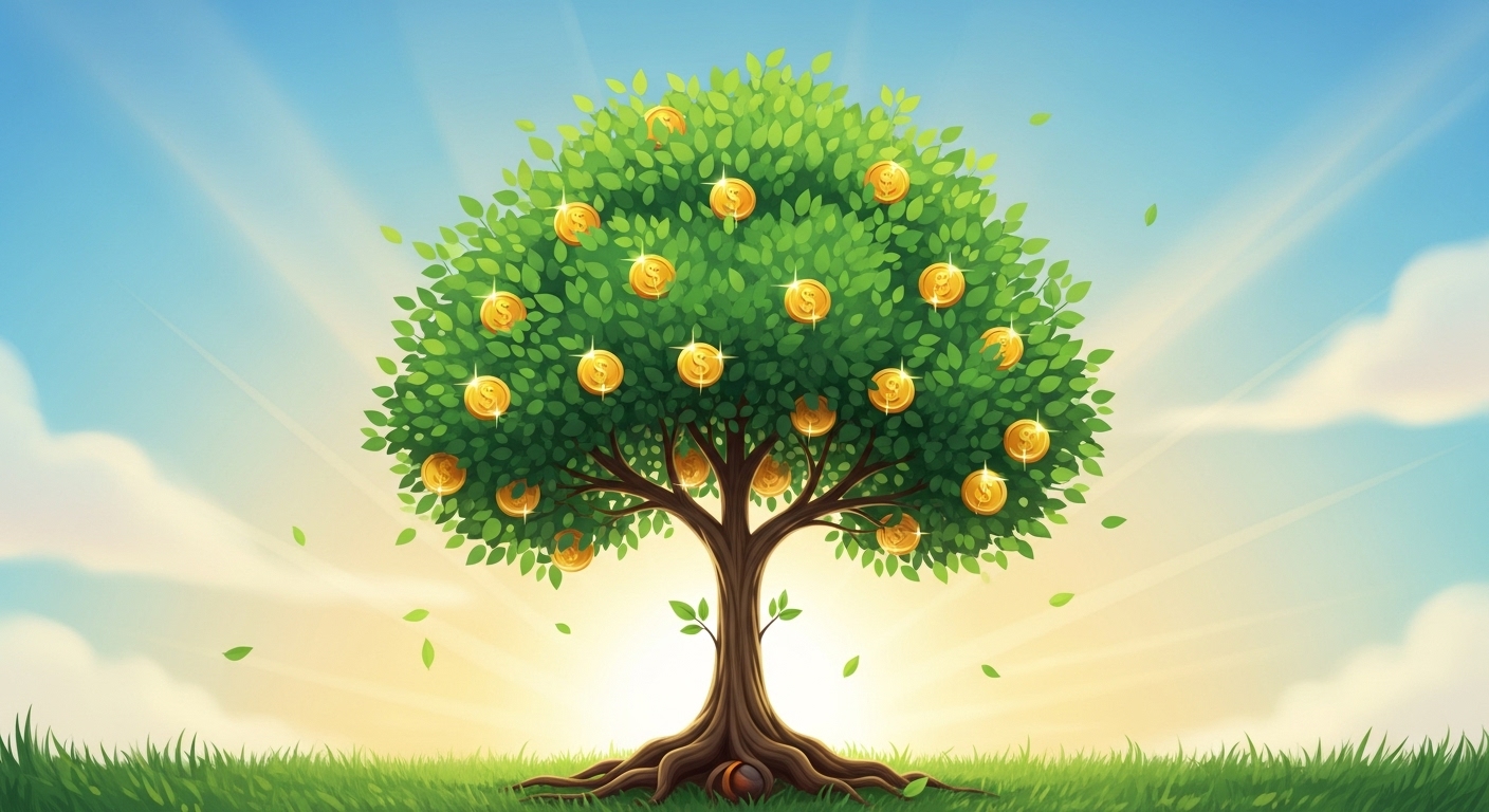 나무에 열매가 열리고 그 열매가 돈 모양인 복리 효과를 상징하는 일러스트