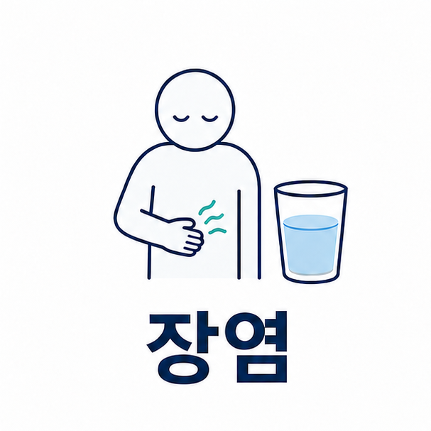 장염 대표 이미지, 배에 손을 얹은 실루엣과 물컵을 나란히 그린 일러스트