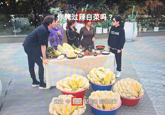 넷플릭스 '슈퍼리치 이방인' 중국어 자막에 '김치'를 '라바이차이'로 표기한 장면. [사진=넷플릭스 벙송 캡처/서경덕 성신여대 창의융합부 교수 연구팀]