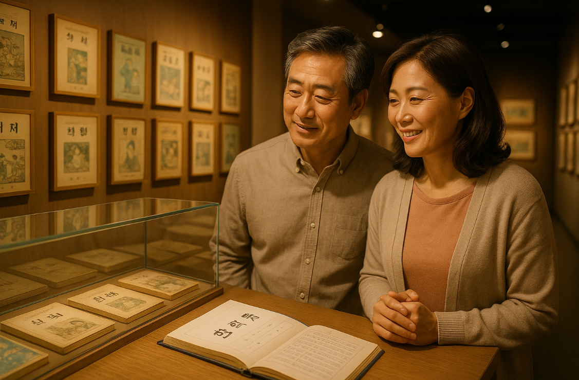 교과서박물관을 관람하는 중년 부부의 모습