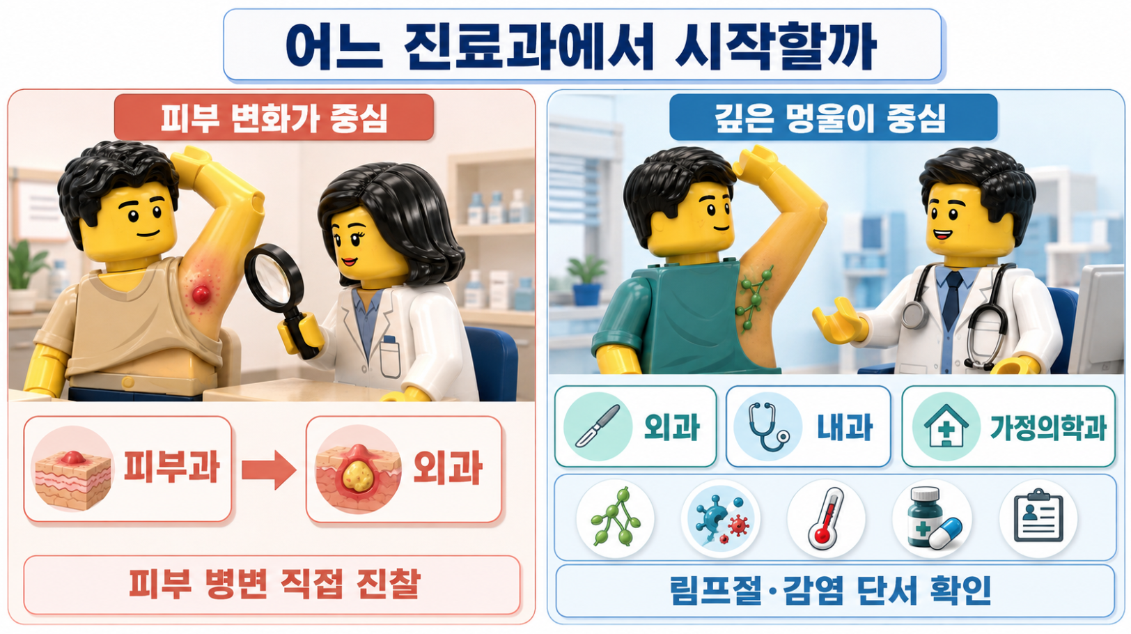 겨드랑이 멍울의 피부 변화와 깊이에 따른 피부과&middot;외과&middot;내과&middot;가정의학과 진료 방향