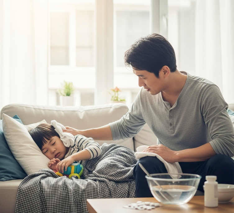 고열나는 아이를 냉찜질 하는 이미지