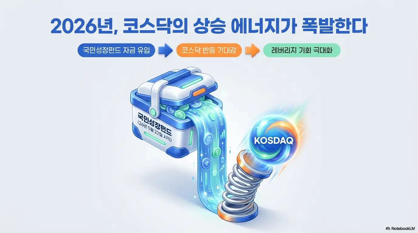 코스닥 레버리지 ETF 비교: 2026년 코스닥의 상승 에너지가 폭발한다는 문구와 함께 국민성장펀드 자금 유입에서 코스닥 반등 기대감 그리고 레버리지 기회 극대화로 이어지는 흐름을 화살표로 보여주는 인포그래픽 이미지. 이 이미지는 국민성장펀드가 코스닥 시장에 미치는 자금 유입 효과를 시각적으로 전달하며 블로그의 코스닥 레버리지 ETF 투자 배경과 관련된 내용을 설명함
