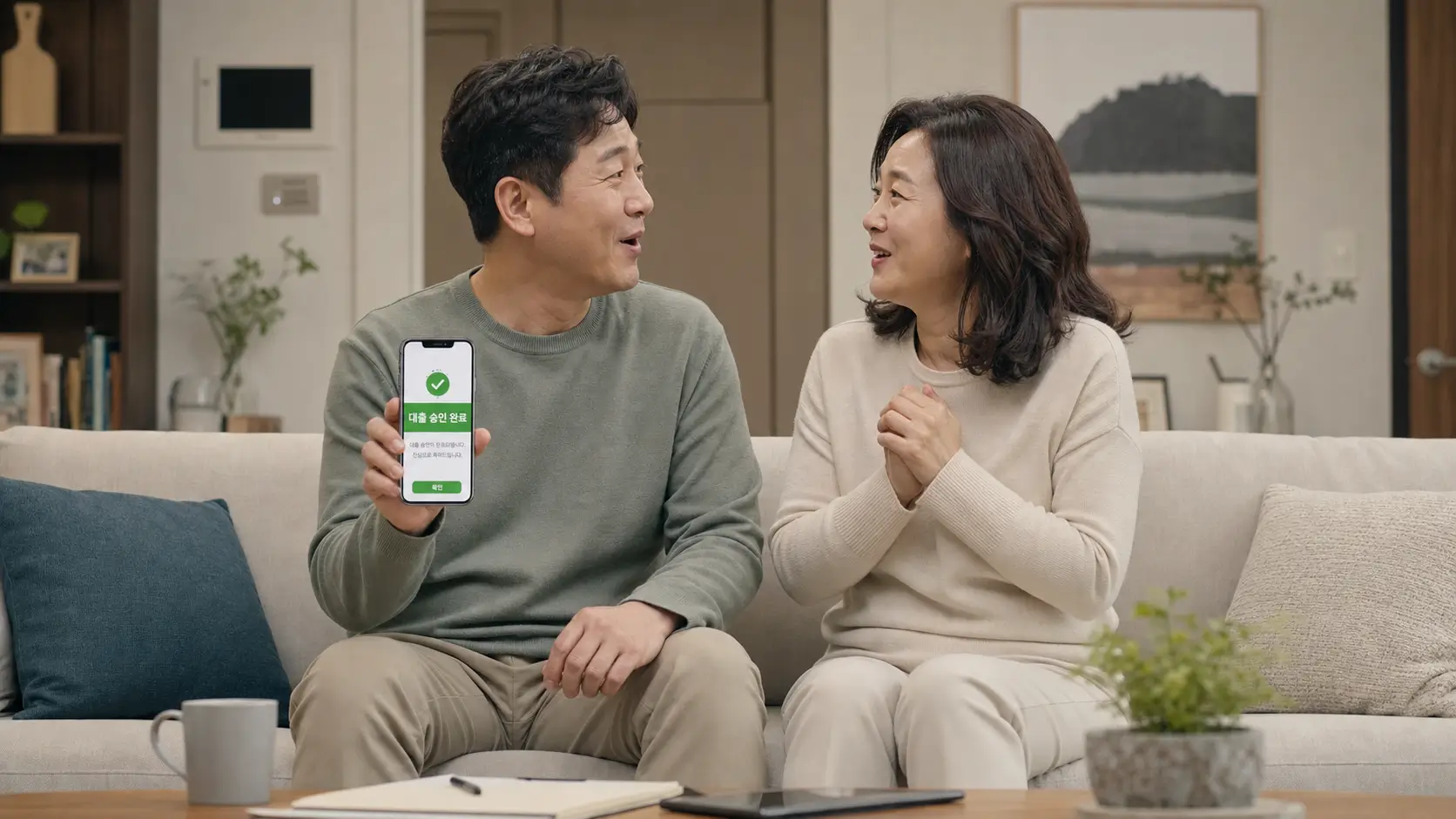한국의 거실 소파에 나란히 앉아 스마트폰 화면의 초록색 대출 승인 완료 메시지를 확인하고 서로 마주 보며 깊은 안도의 한숨을 내쉬는 40대 부부