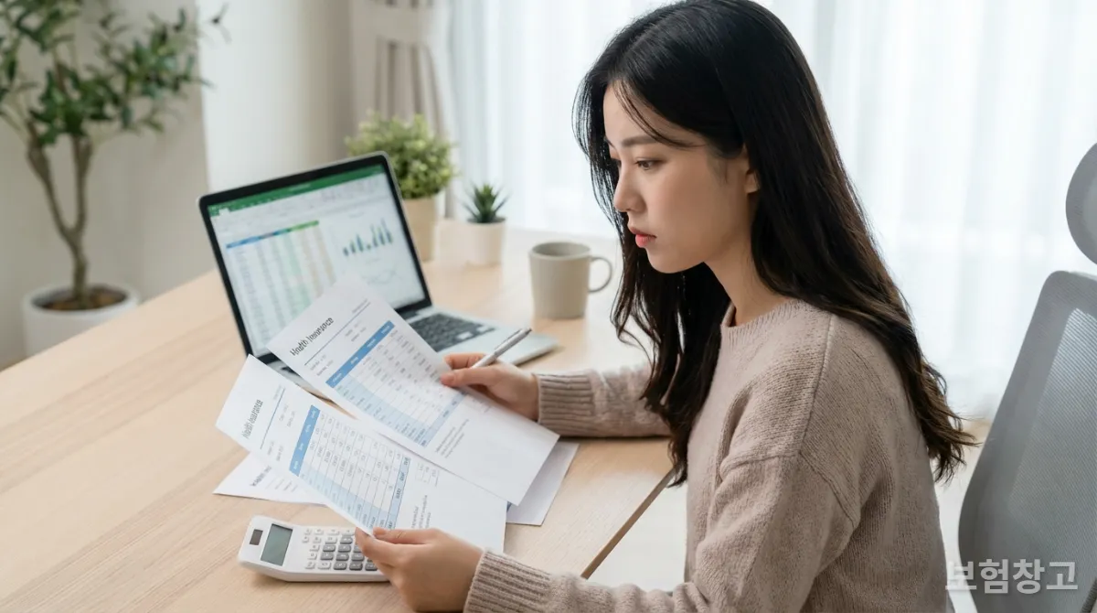 두 가지 건강보험 플랜을 비교하며 보험료를 계산하는 20대 한국인 여성
