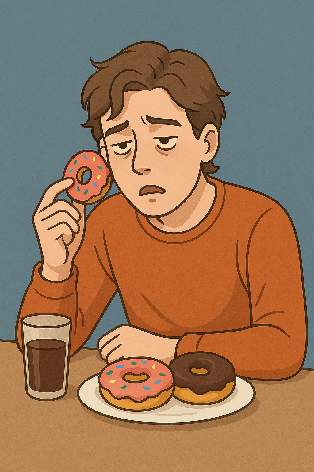 단-음식을-먹으면-피곤해지는-이유를-표현한-일러스트로,-남성이-도넛을-손에-들고-졸린-표정을-짓는-모습이-그려져,-혈당-급상승-후-급격한-저하로-인한-피로감을-상징함.