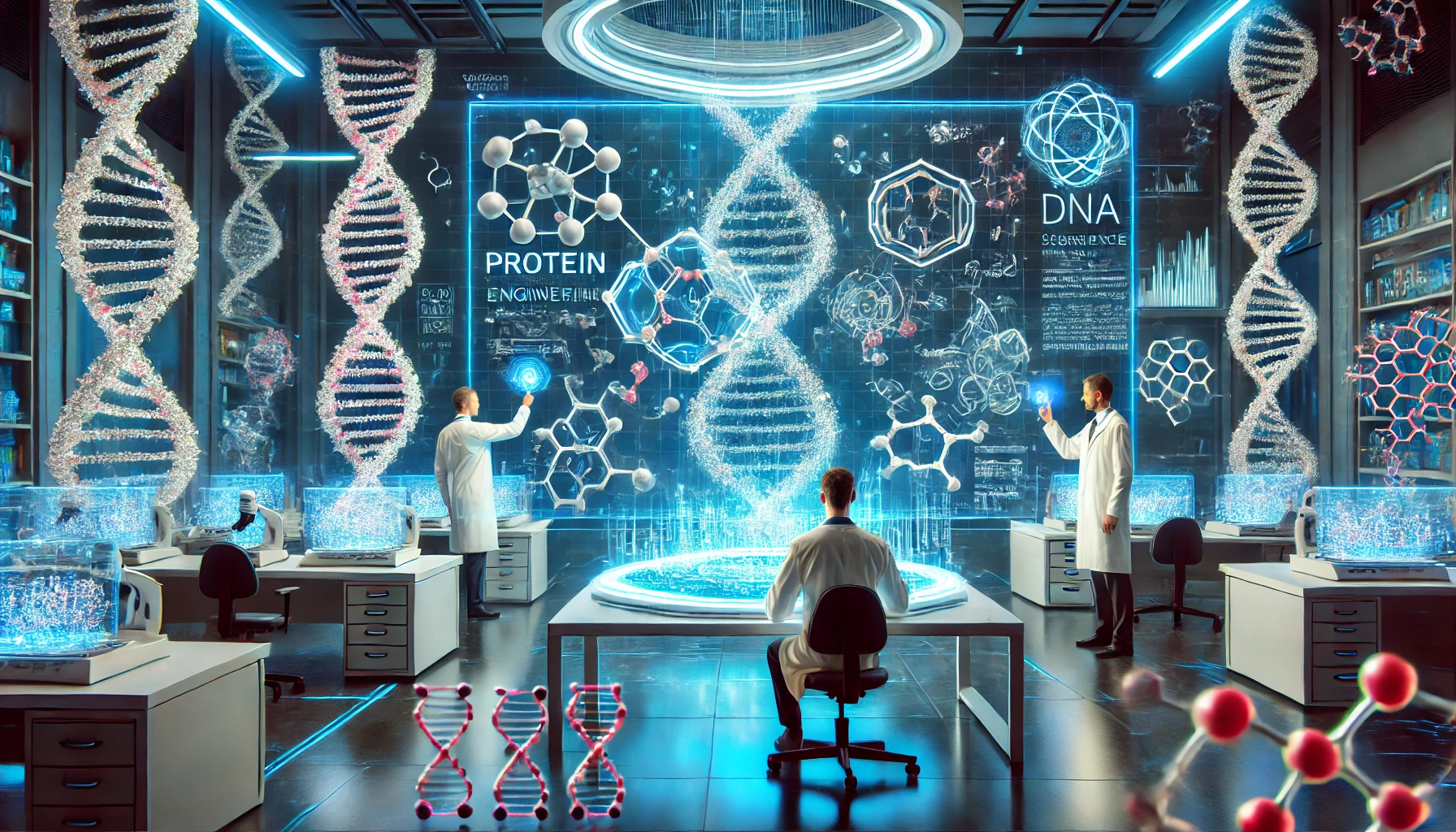 미래형 실험실에서 과학자들이 단백질 구조를 분석하는 장면