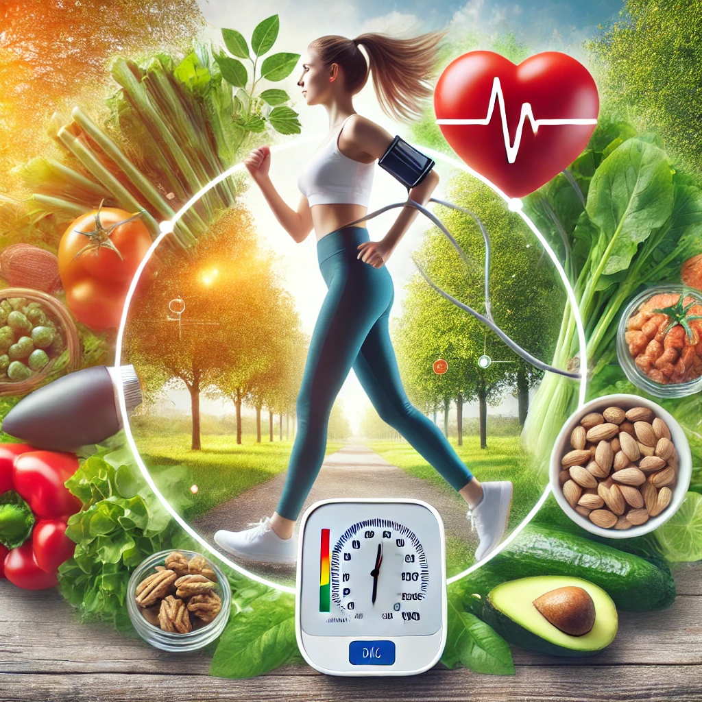 고혈압 환자에게 좋은 견과류, 야채 그리고 운동하는 여자의 모습