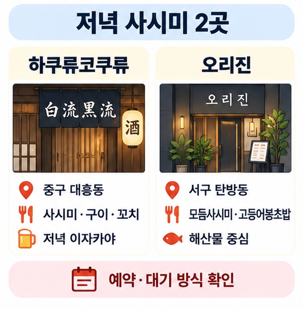 대전 저녁 일식 맛집 하쿠류코쿠류와 오리진의 사시미 이자카야 특징 인포그래픽