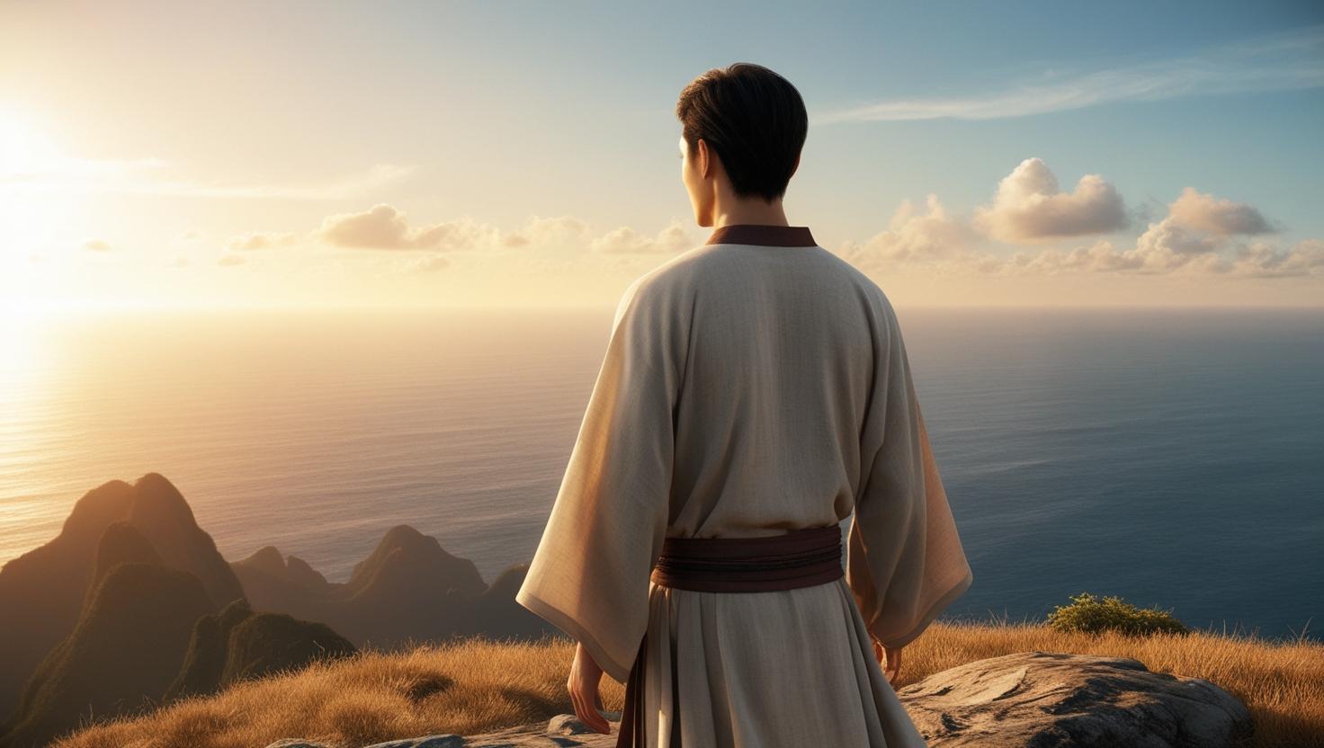 해변이나 산 정상에서 평화롭게 서 있는 사람의 뒷모습.