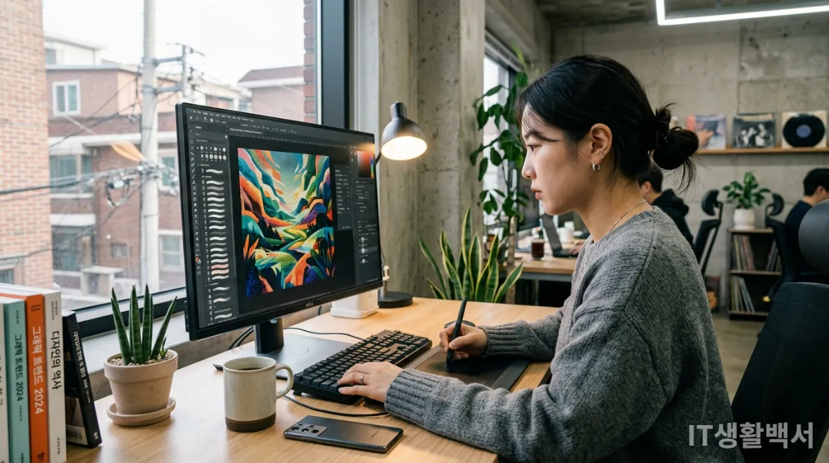 AI 생성 이미지를 그래픽 태블릿으로 정밀하게 수정하는 한국인 디자이너