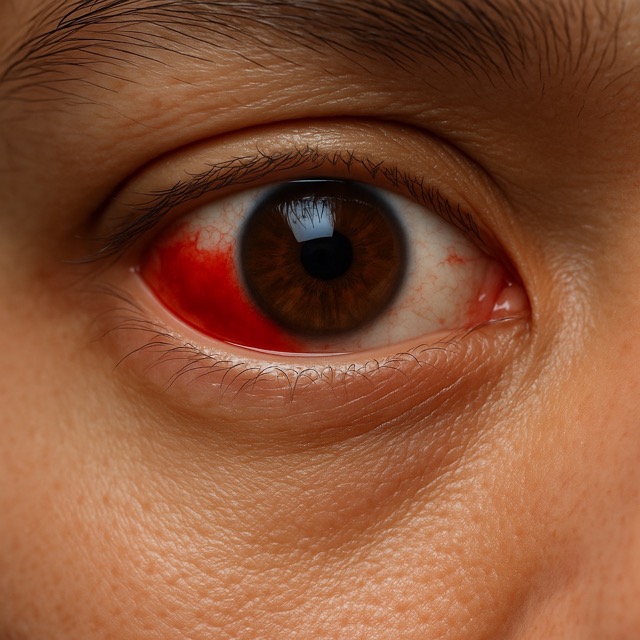 눈 실핏줄 터짐(결막하출혈) 증상이 나타난 눈(출처: 자체제작)