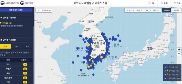 대한민국 지도에 색깔로 표시된 비브리오패혈증 예측단계