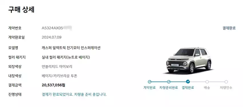 결제 후 표시된 캐스퍼 일렉트릭 계약 진행 단계입니다.