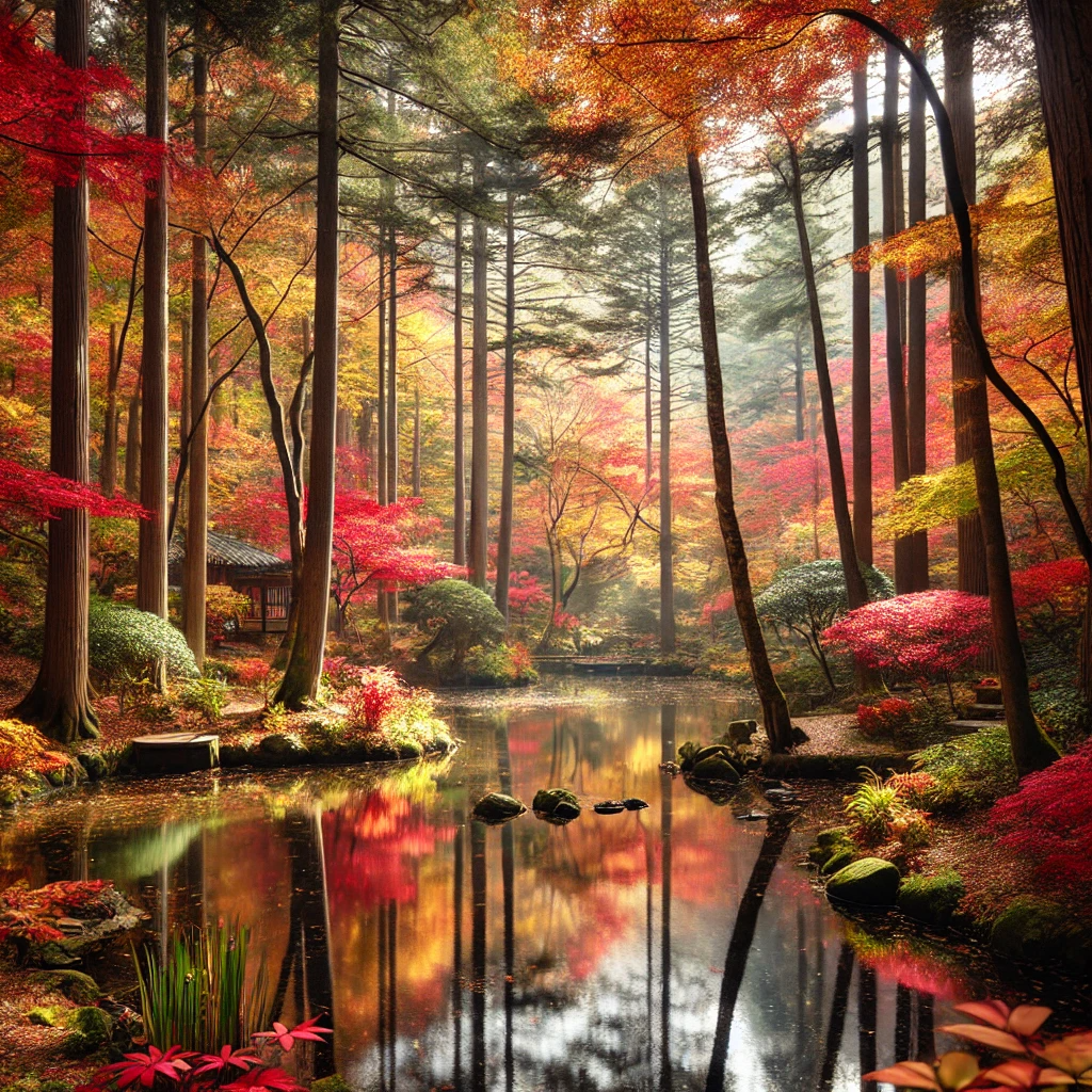 가을의 화담숲&amp;#44; 고요한 연못과 다채로운 단풍이 어우러진 풍경