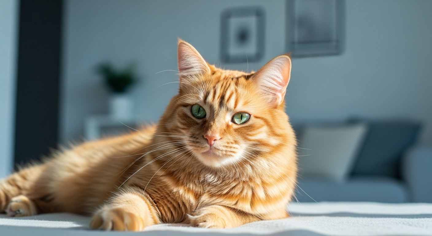 창가에 비스듬히 비치는 따뜻한 햇살을 받으며 포근한 회색 담요 위에 편안하게 누워있는 윤기 나는 주황색 고양이. 고양이의 초록색 눈은 평화로운 표정을 짓고 있으며, 뒤편으로는 부드러운 블루-그레이 톤의 미니멀한 실내 배경이 흐릿하게 보인다.