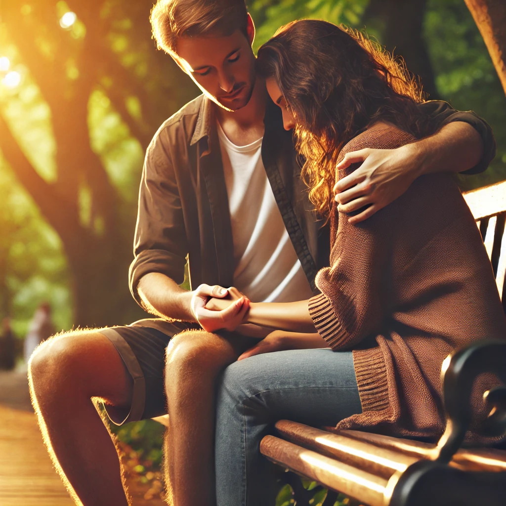 공원 벤치에서 손잡고 위로하는 모습