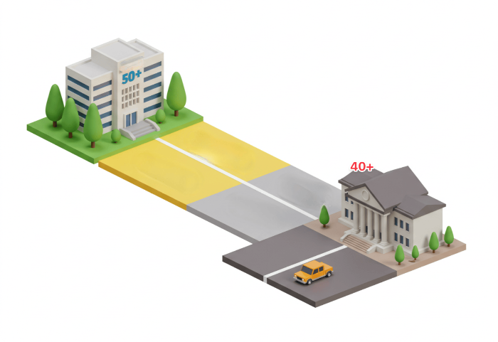 재취업 지원서비스의 두 가지 경로를 보여주는 3D 아이콘 스타일 일러스트 - 기업 의무제도와 중장년내일센터 일반 서비스