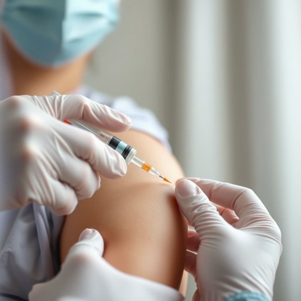 의료진이 사람의 팔에 백신을 접종하는 순간을 포착합니다. 사람의 얼굴은 나오지 않고 팔 부분에 초점을 맞춥니다. 주사기가 팔에 닿기 직전이거나 백신이 주입되는 짧은 순간을 묘사하여, 백신 접종이 실제로 이루어지고 있음을 보여줍니다. 의료진의 손은 위생 장갑을 착용한 모습으로 전문성을 더합니다.