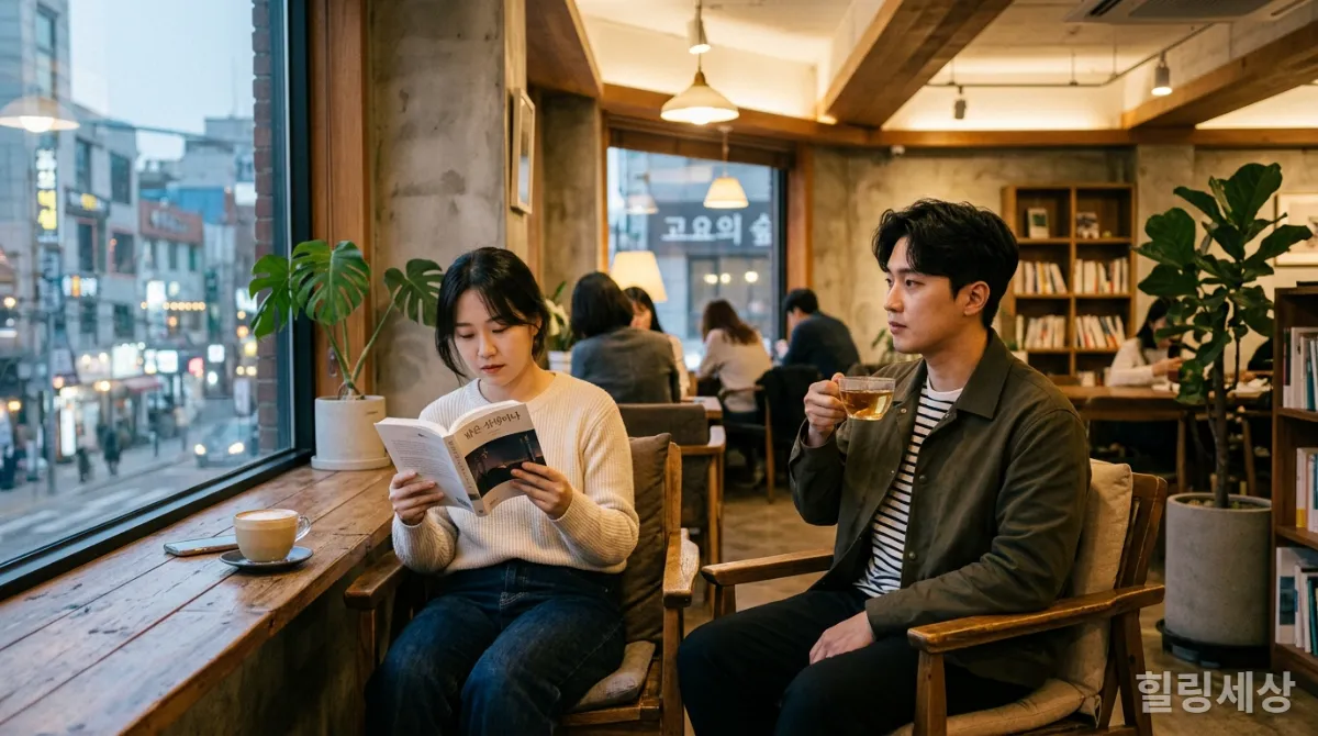 트렌디한 한국 카페에서 각자 독서와 차를 즐기는 커플