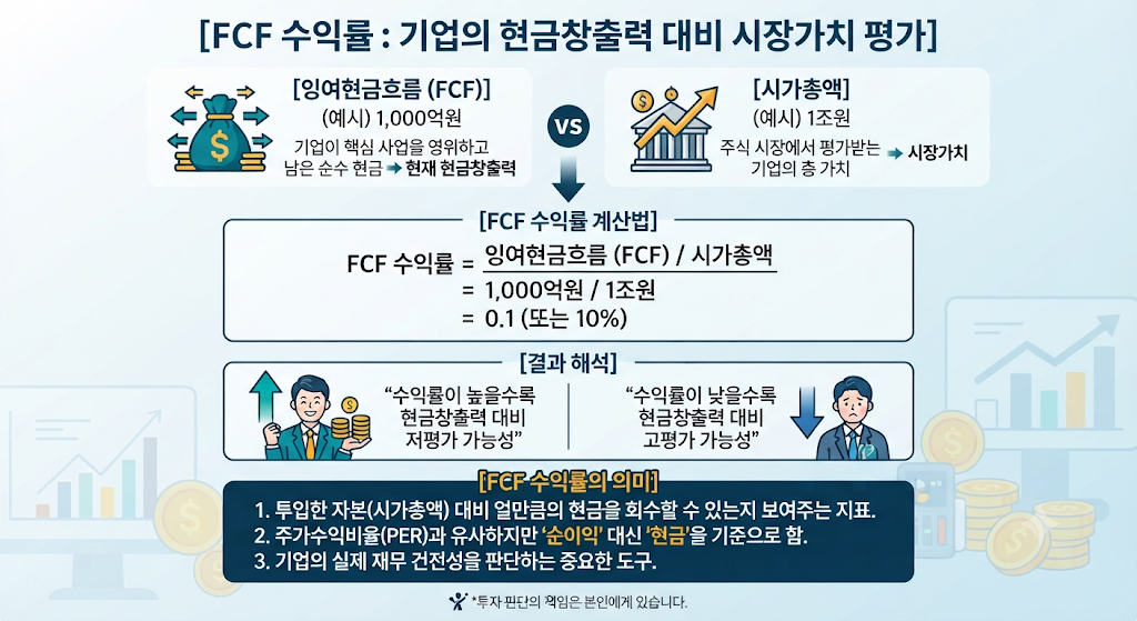 FCF 수익률 계산법과 시가총액 대비 잉여현금흐름 비교 인포그래픽