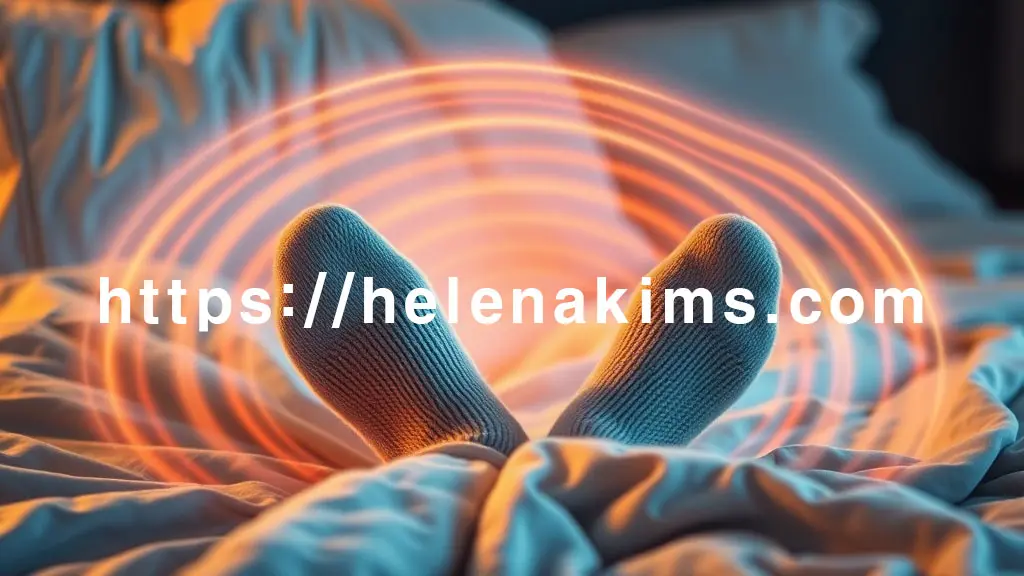 아늑한 침대 위, 부드러운 극세사 수면양말을 신은 발이 편안하게 휴식하는 발의 모습. 발 주변에서 따뜻한 기운이 부드러운 파동 형태로 퍼져나가는 시각적 효과를 연출 이미지.