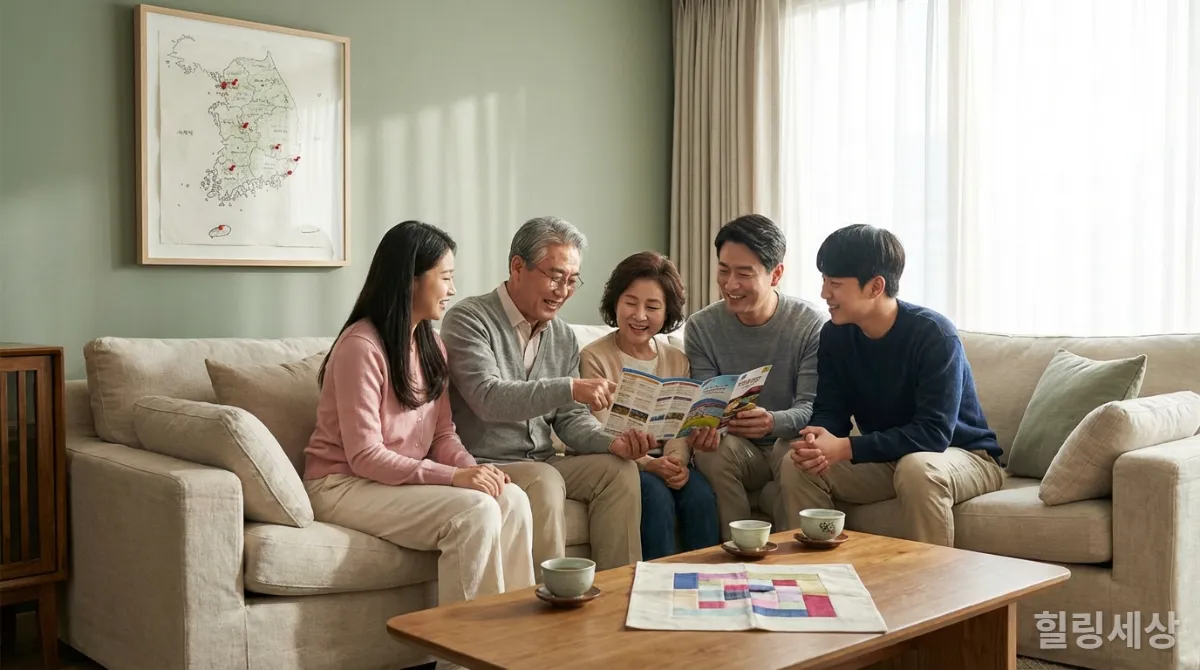 여러 세대의 한국 가족이 거실에서 여행 계획을 세우는 모습