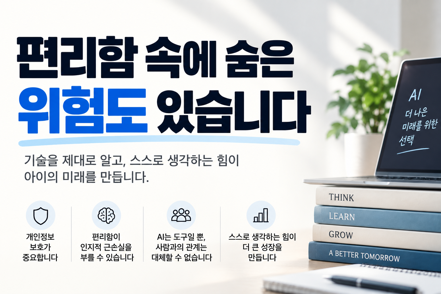 AI 로봇 시대 편리함 속에서 스스로 생각하는 힘의 중요성을 설명한 아이 교육 이미지