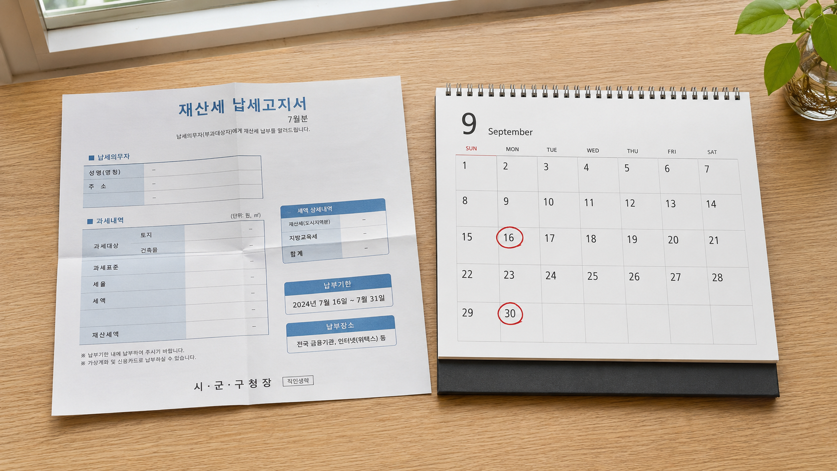 9월 재산세 고지서와 달력
