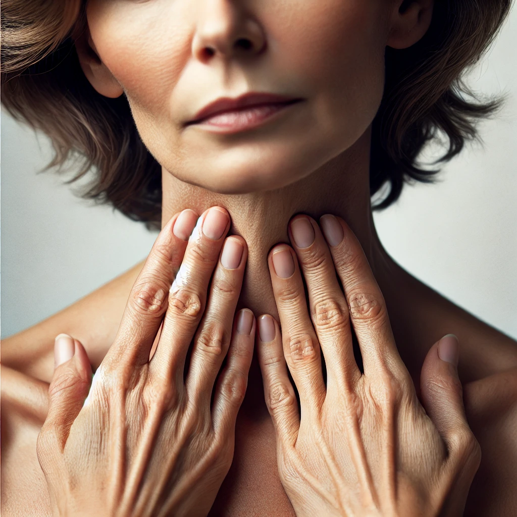 중년 여성이 갑상선 주변을 감싸는 모습