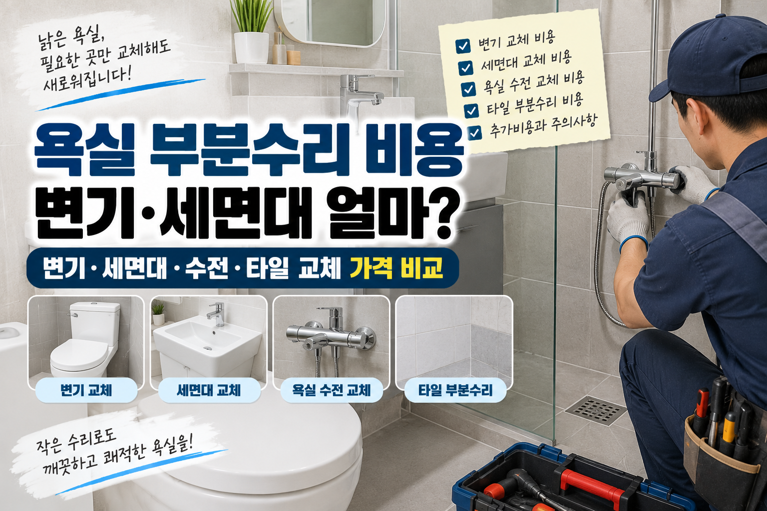 작업자가 아파트 욕실에서 변기와 세면대&middot;수전&middot;타일을 점검하며 욕실 부분수리와 교체 비용을 비교하는 모습
