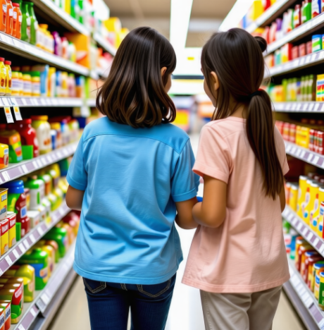 장보기 목록을 가지고 마트에서 물건을 고르는 아이의 모습