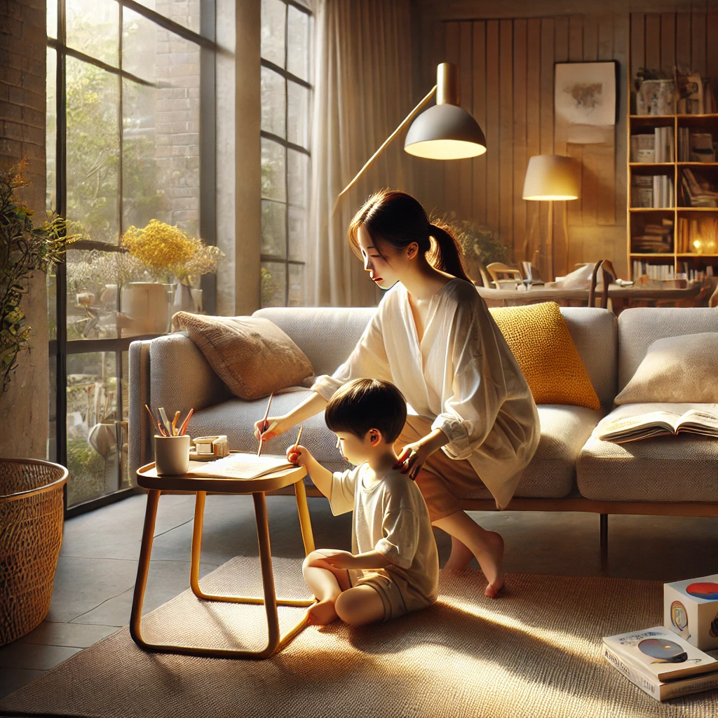 가족이 따뜻하고 아늑한 거실에서 함께 시간을 보내고 있는 모습. 어머니는 소파에 앉아 책을 읽고&amp;#44; 아이는 작은 책상에서 그림을 그리고 있습니다. 창문을 통해 부드러운 자연광이 비칩니다