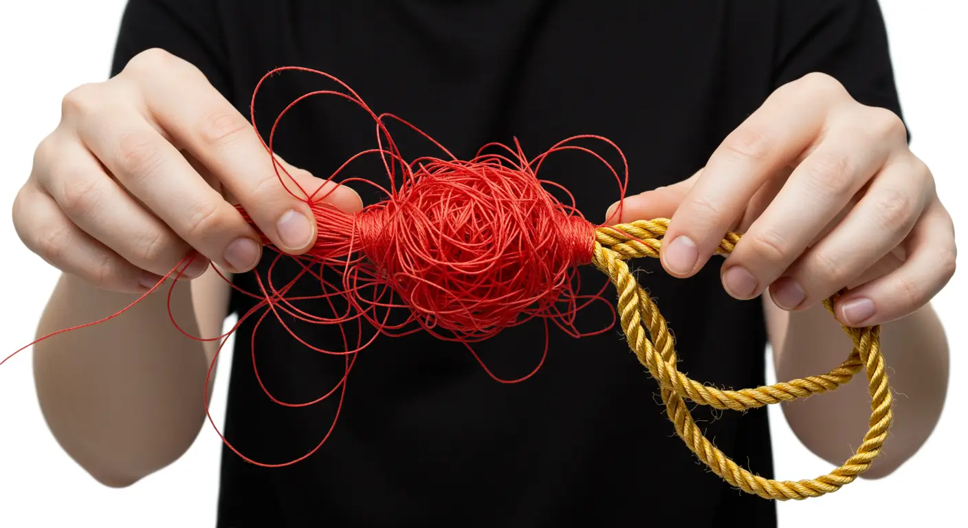 여러 개의 흩어진 빚을 저축은행 채무통합을 통해 하나의 튼튼한 밧줄로 만드는 모습