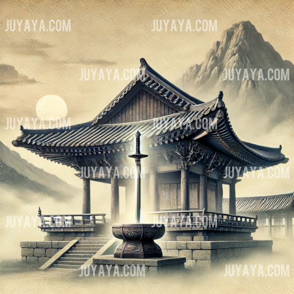 고요한 산사의 돌 위에 놓인 거궐, 주변에는 안개가 피어오르며 신비로운 분위기를 자아냄