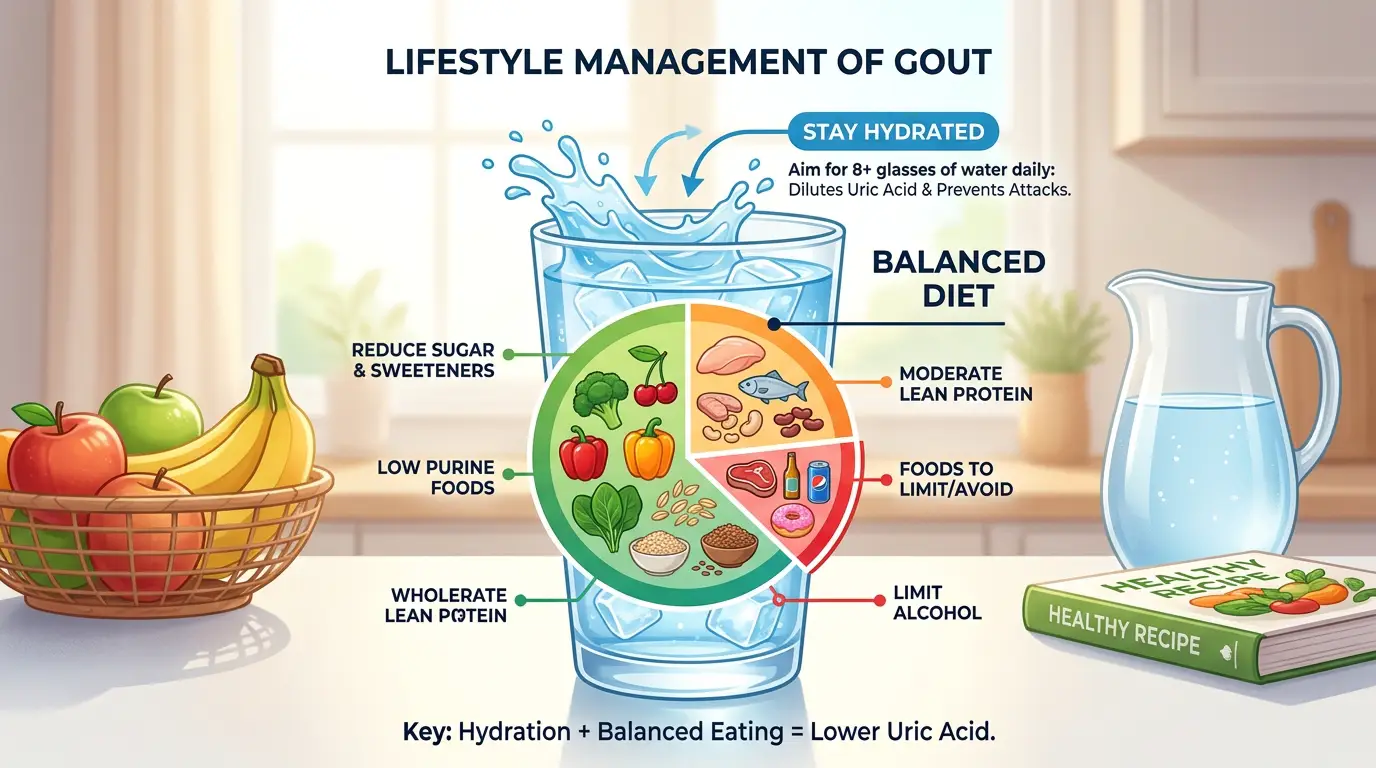 물컵과 균형 잡힌 식단으로 통풍 생활관리를 설명하는 장면