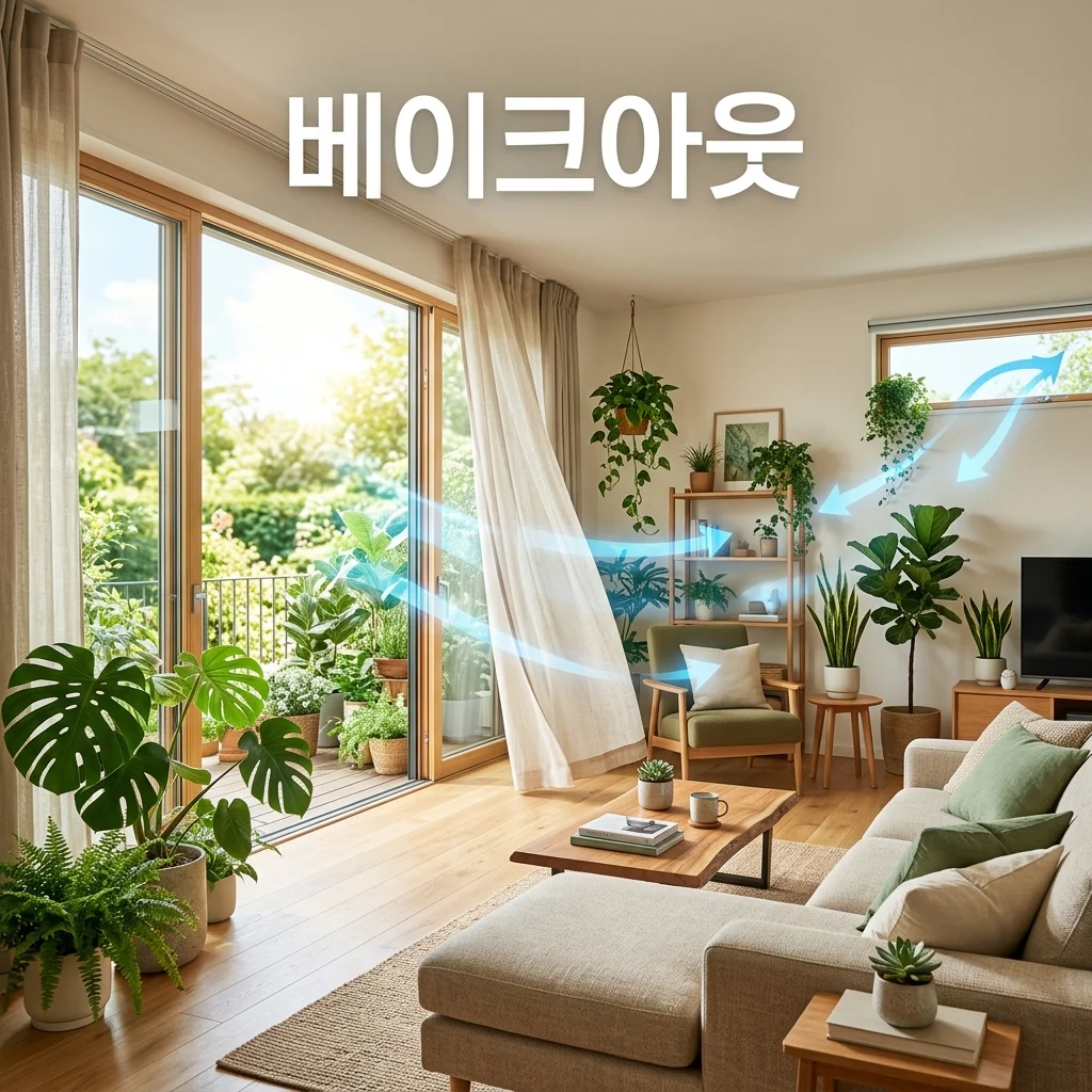 새집증후군 제거를 위해 창문을 활짝 열고 맞통풍 환기와 베이크아웃을 진행하는 쾌적한 거실