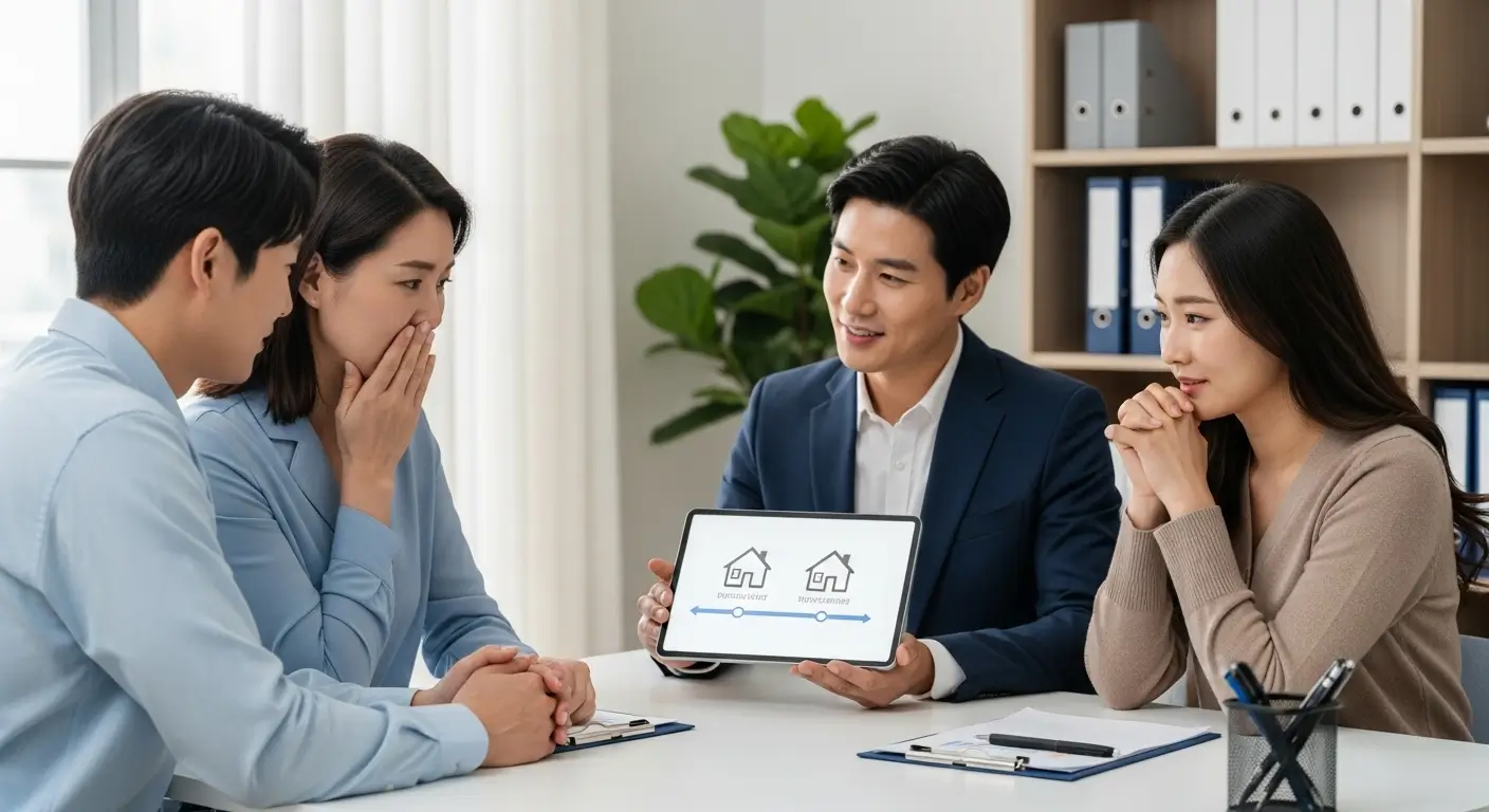 전문 컨설턴트와 함께 기존 집과 새 집의 대출 및 처분 계획을 세우며 안심하는 한국인 부부