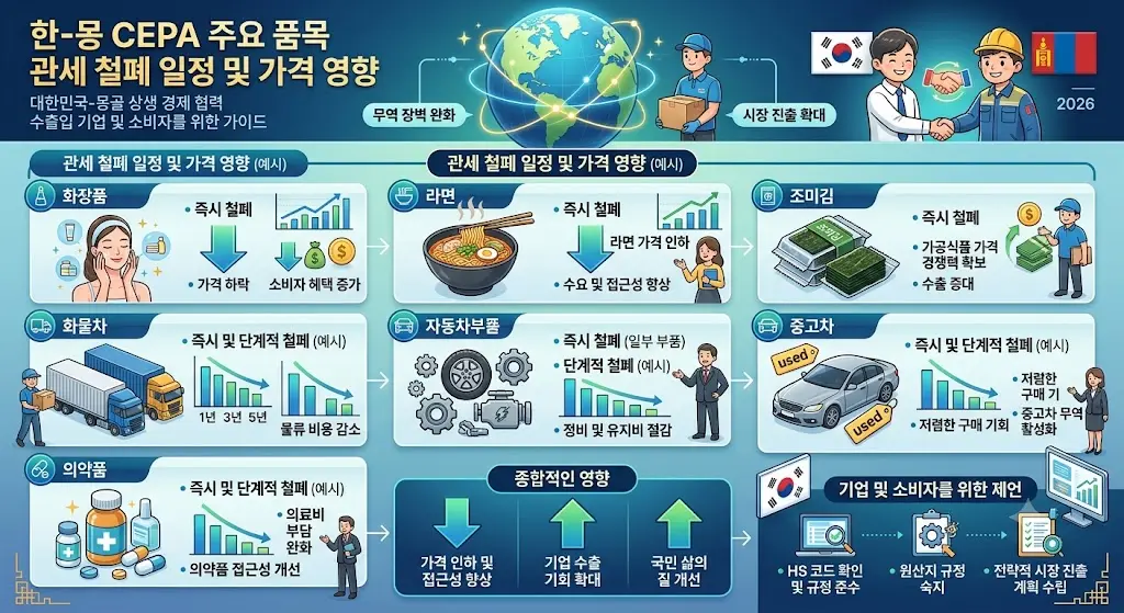한몽 CEPA 화장품 라면 조미김 화물차 자동차부품 중고차 의약품 관세 철폐 일정과 가격 영향