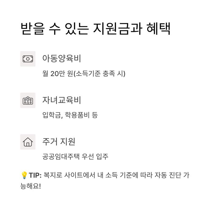 한부모가정 지원금 자격조건 혜택 신청방법 요약 이미지