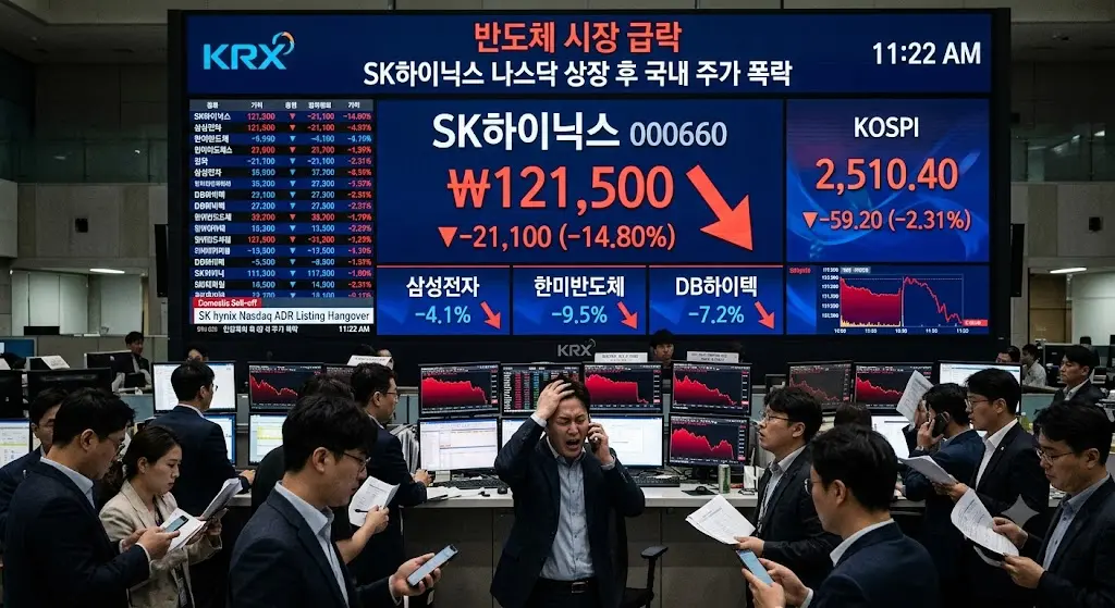 SK하이닉스 나스닥 ADR 상장 후 국내 주가가 급락하는 반도체 주식시장 이미지