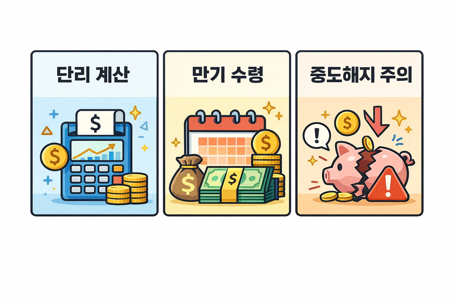 카카오뱅크 예금 단리 계산 방식 만기 수령 구조 중도해지 시 이자 손실 주의사항을 직관적으로 정리한 이미지입니다