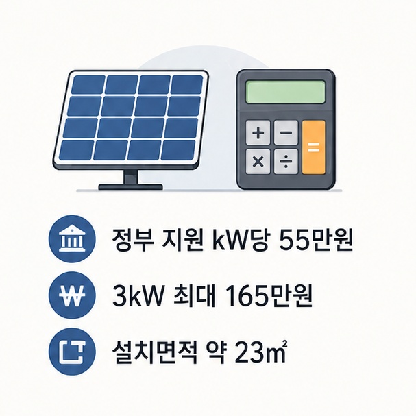 2026년 주택용 태양광 3kW에 정부 보조금 최대 165만원과 약 23㎡의 설치면적이 적용되는 기준을 정리한 이미지