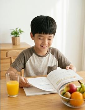 좋아하는 간식과 함께 문제집을 펴는 아이