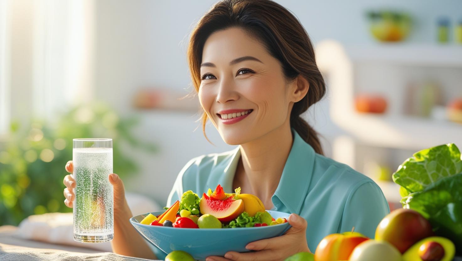 중년 여성의 건강한 다이어트를 상징하는 이미지, 밝은 배경, 건강한 식사와 물 한 잔을 들고 있는 50대 여성, 편안한 미소, 자연광, 부드러운 분위기
